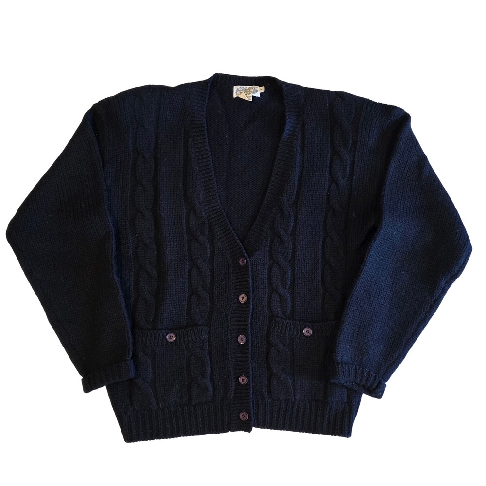 Vintage The Villager Cable Knit Cardigan Sweater Womens M Navy Blue Pure Wool